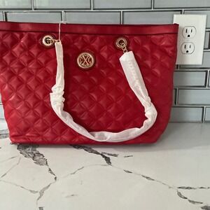 Christian Lacroix Red Quilted Tote Bag Gold Logo Medallion Shoulder Purse NEW